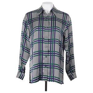 NWT DIANE VON FURSTENBERG Vintage Top XS Silk Satin Houndstooth Button Up Blouse